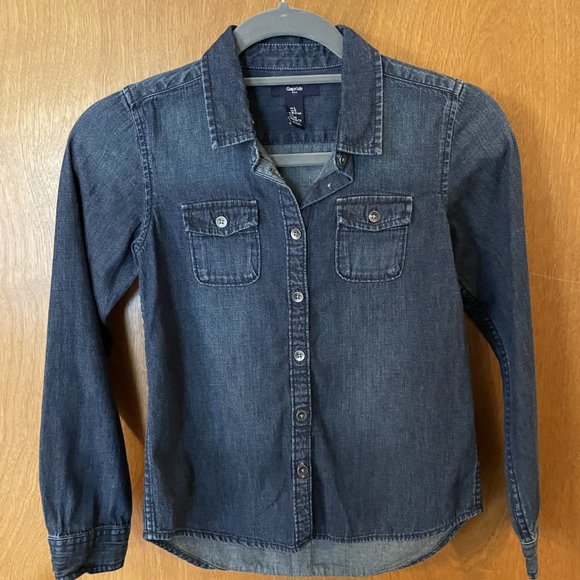 GAP Kids Girls Youth Dark Wash Denim Shirt Size Large Long Sleeves EUC - Picture 2 of 8